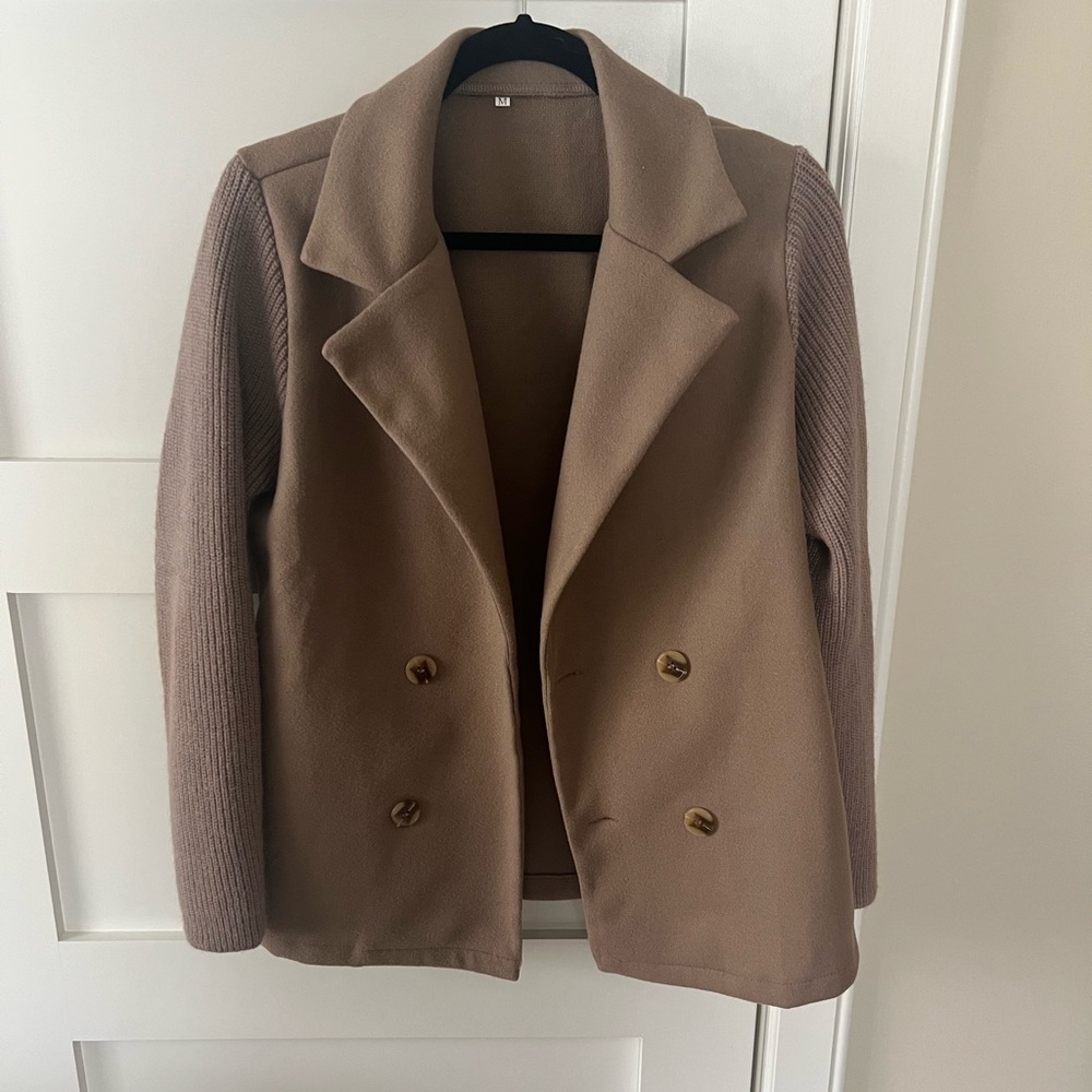 Nordstrom Taupe and Knit-Sleeve Double-Breasted Blazer